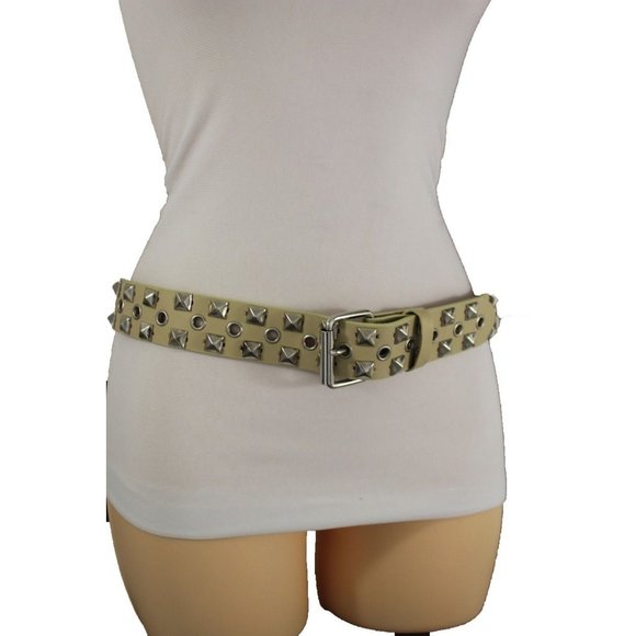 New Women Men Fashion Belt Beige Faux Leather Silver Metal Studs Size S M L XL - Picture 13 of 17